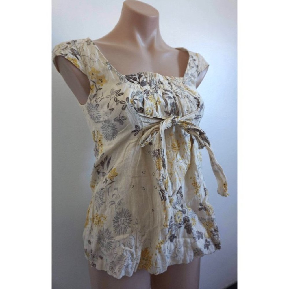 CUE 8 designer CAP SLEEVE gathered blouse feminine top FLORAL print fully lined♡ - Picture 2 of 7